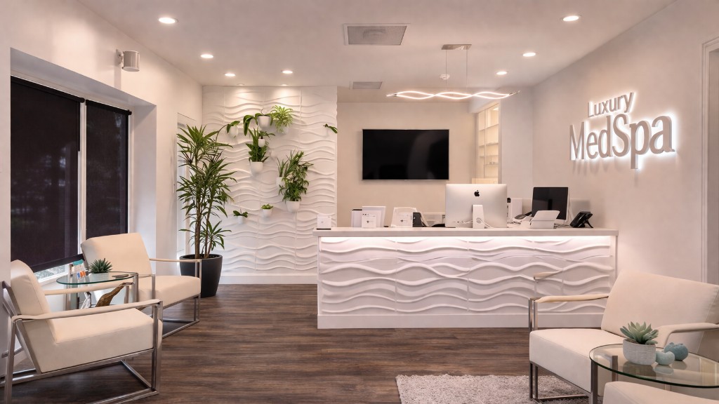 Modern luxury medical spa reception with white sculptural desk, seating area, and bright English signage